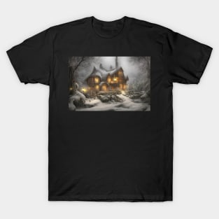 Magical Fantasy House with Lights in a Snowy Scene, Fantasy Cottagecore artwork T-Shirt